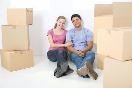 Packed office furniture and equipment ready for transport