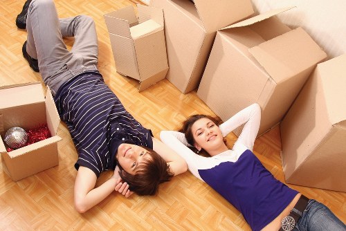 Packed boxes and furniture loaded into a removals van